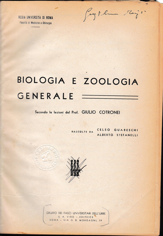 Biologia e Zoologia generale secondo le lezioni del Prof. G. Cotronei - copertina