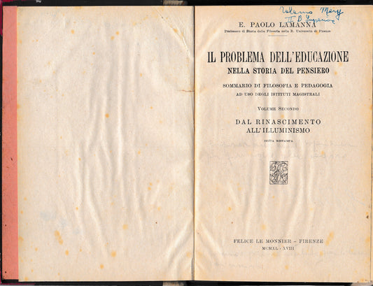 Il problema dell'educazione nella storia del pensiero. vol. 2° Dal Rinascimento all'Illuminismo. - copertina