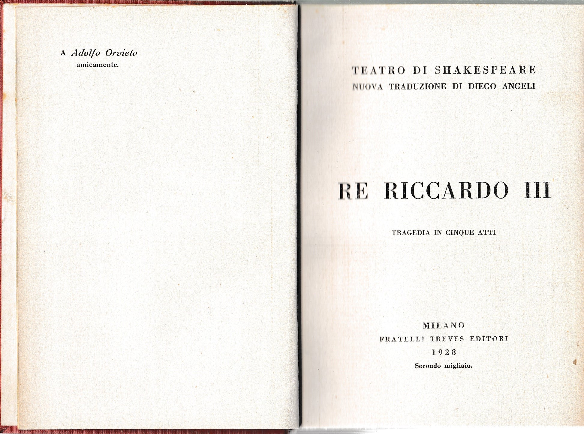 Re Riccardo III. Tragedia in cinque atti. Teatro di Shakespeare nuova traduzione di Diego Angeli - copertina
