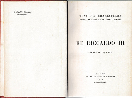 Re Riccardo III. Tragedia in cinque atti. Teatro di Shakespeare nuova traduzione di Diego Angeli - copertina