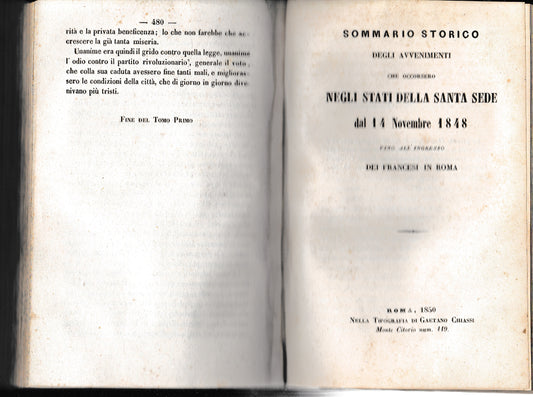Sommario storico degli avvenimenti che occorsero negli Stai della Santa Sede dal 14 Novembre 1848 fino all'ingresso dei Francesi in Roma. 2 tomi in unico volume 1850 - copertina