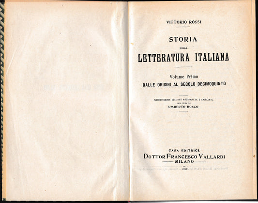 Storia della Letteratura Italiana 1° vol. Dalle origini al secolo decimoquinto - copertina