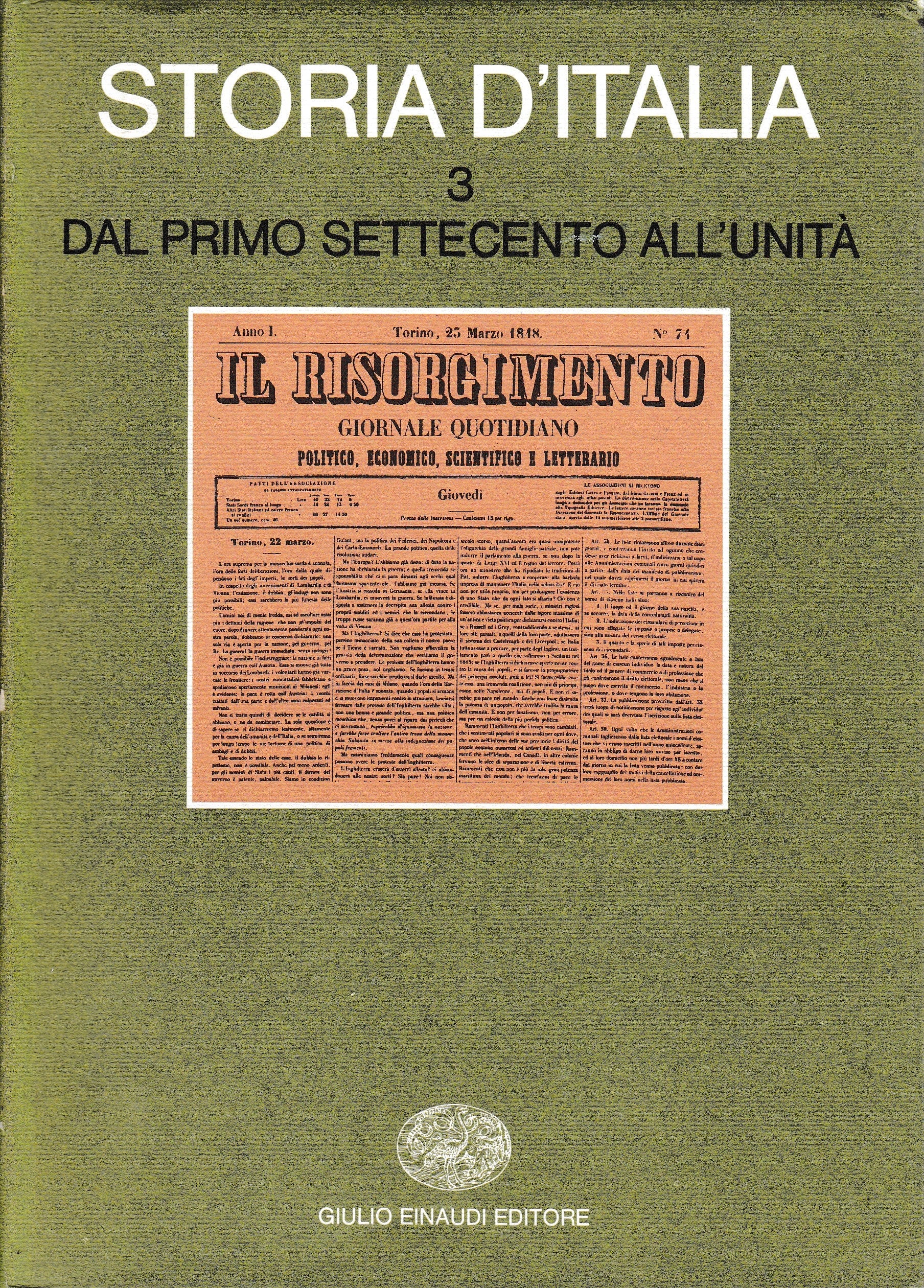 Storia d'Italia. Dal primo Settecento all'unità vol. 3° - copertina