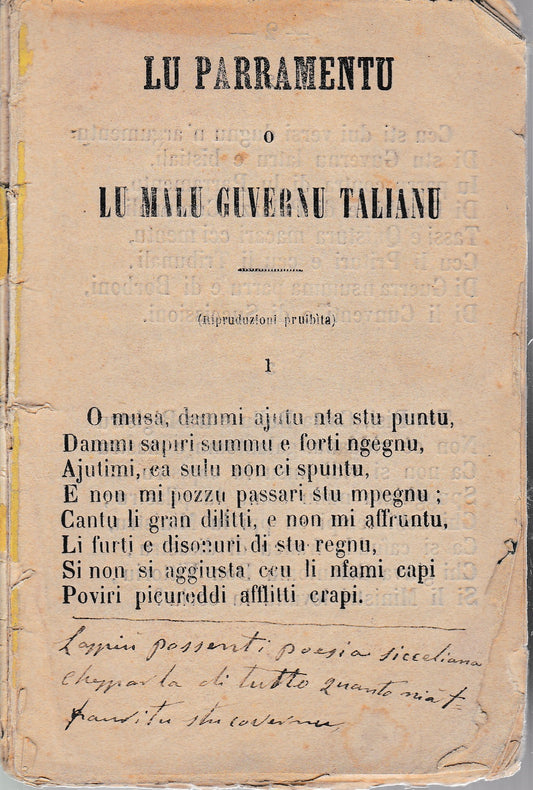 Lu parramentu o lu malu guvernu talianu. Dialetto Siciliano - copertina