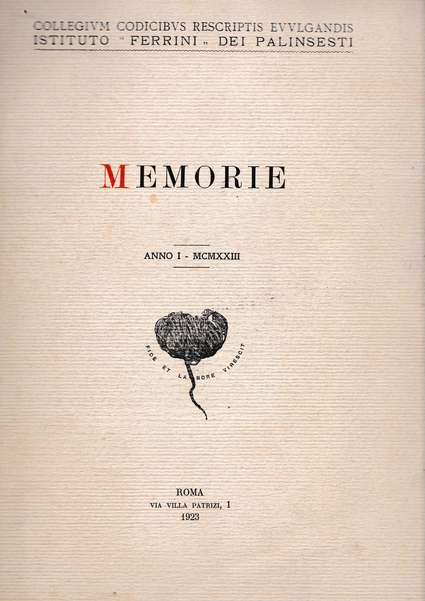 Memorie. Collegium Codicibus rescriptis evulgandis Istituto "Ferrini" dei palinsesti, anno I. - copertina