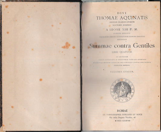 SUMMAE CONTRA GENTILES - LIBRI QUATUOR - Ad lectionem Codicis Autographi in Bibliotheca Vaticana adservati probatissimorum codicum meliorisque notae editionum fideliter impressi (VOLUMEN UNICUM) - copertina