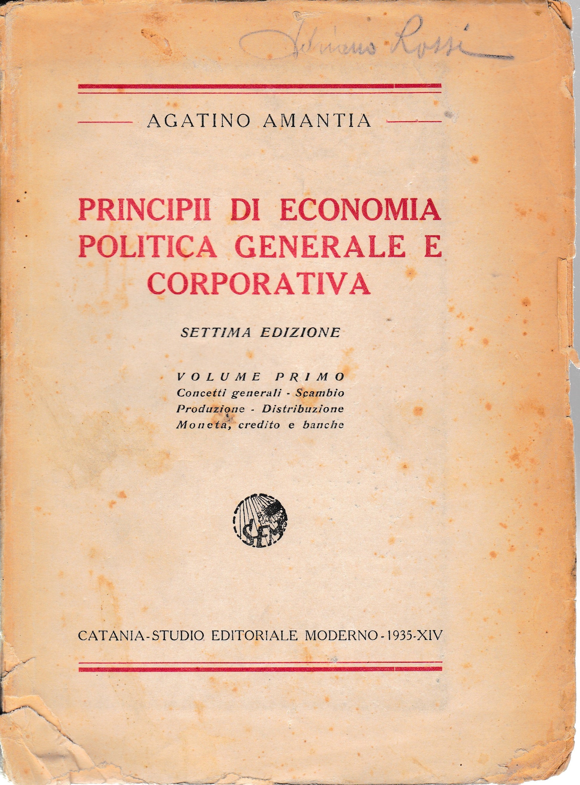 Principii di economia politica generale e corporativa. Vol. 1° - copertina