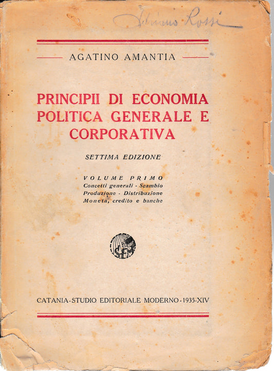 Principii di economia politica generale e corporativa. Vol. 1° - copertina
