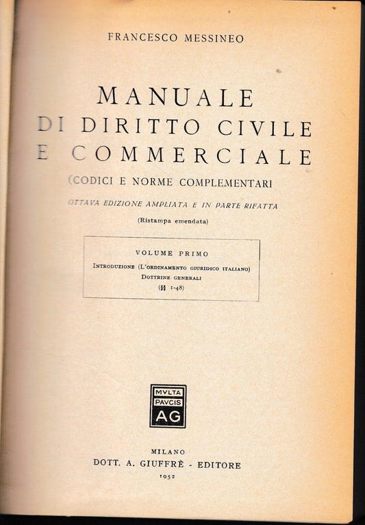 Manuale di diritto civile e commerciale, 1° volume - copertina