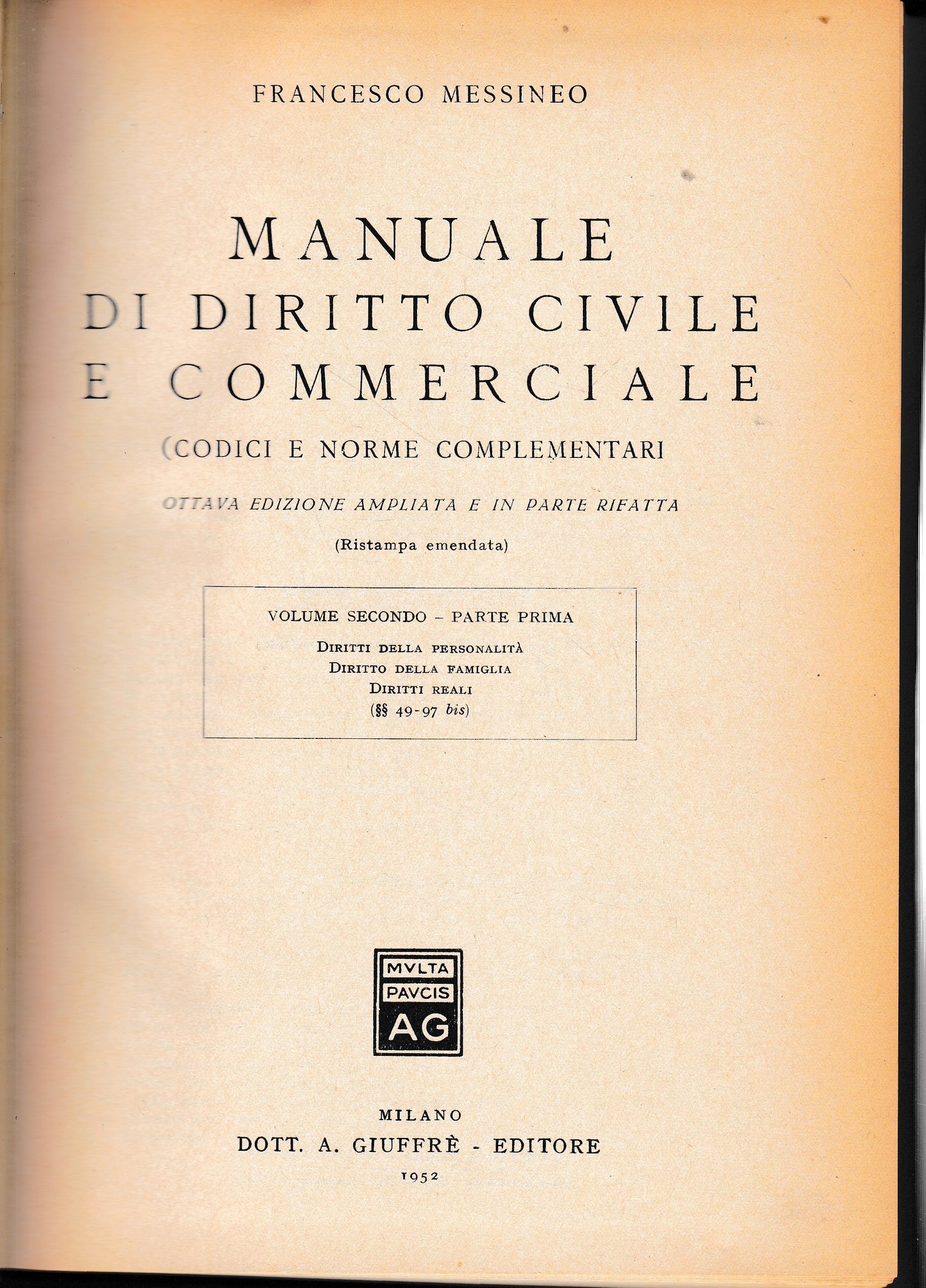 Manuale di diritto civile e commerciale, vol. 2° - parte prima - copertina