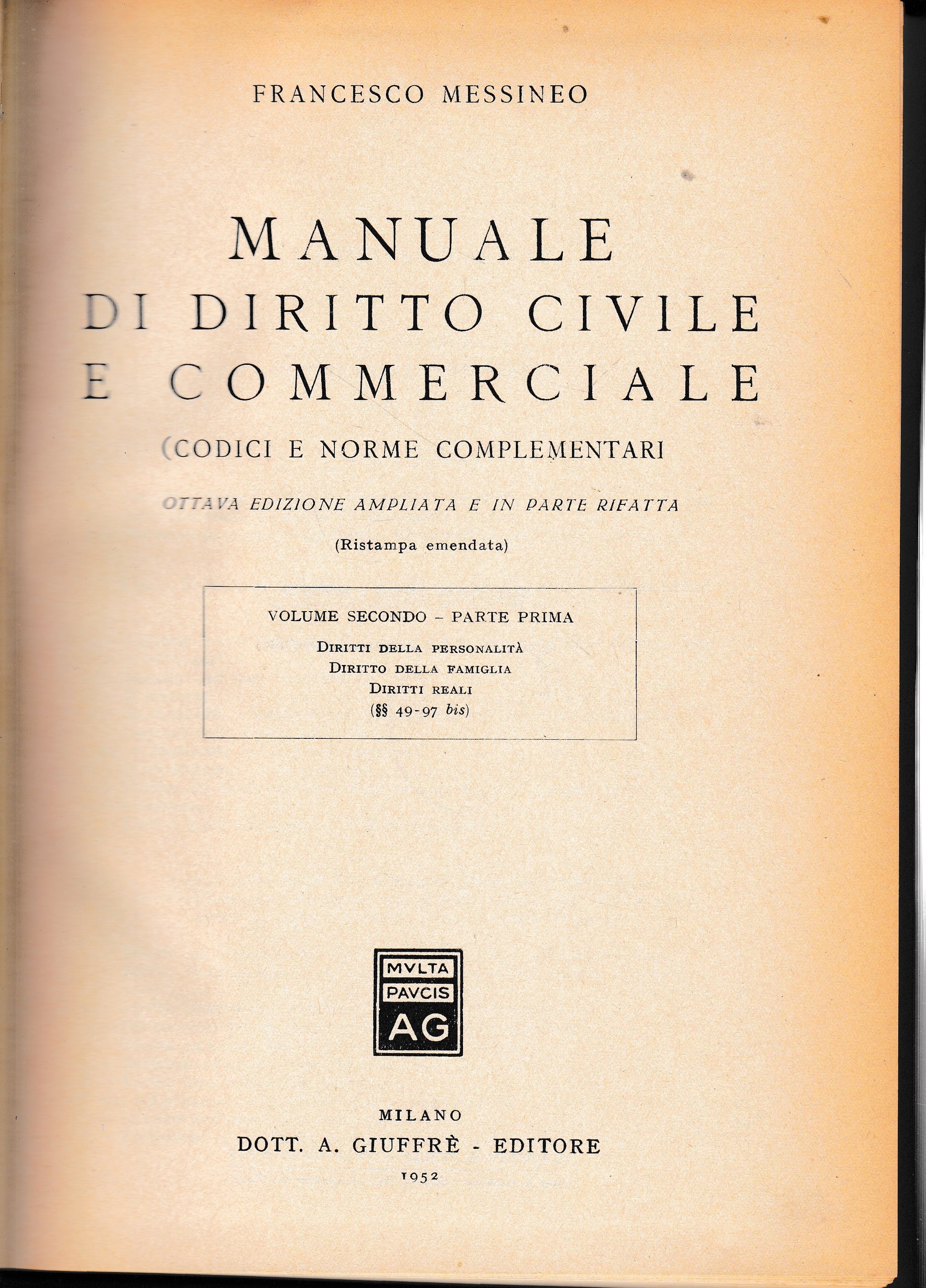 Manuale di diritto civile e commerciale, vol. 2° - parte prima - copertina