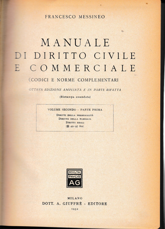 Manuale di diritto civile e commerciale, vol. 2° - parte prima - copertina