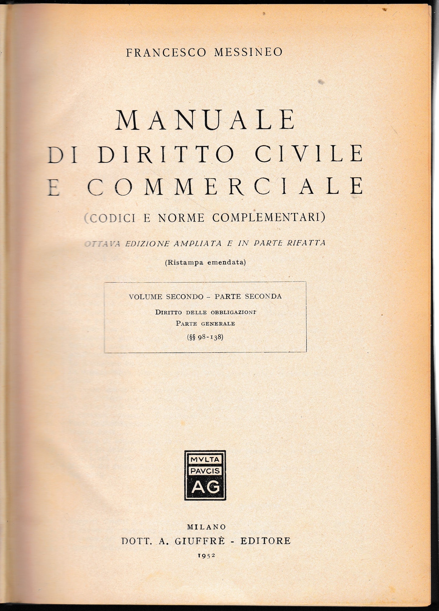 Manuale di diritto civile e commerciale, vol. 2° - parte seconda - copertina