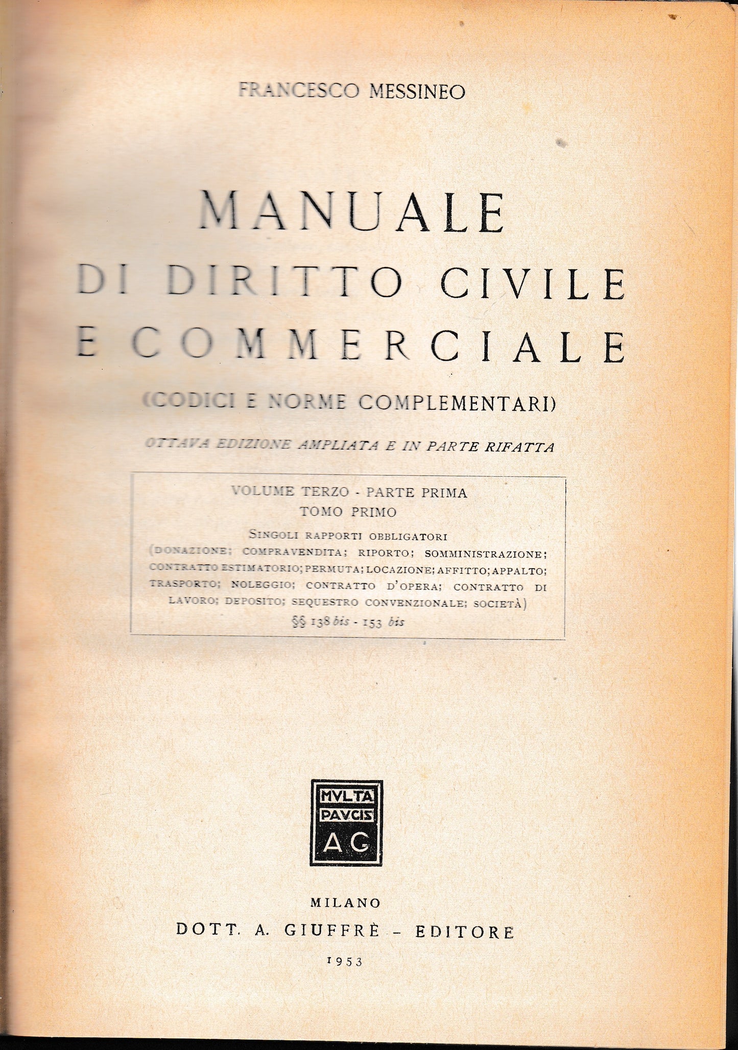 Manuale di diritto civile e commerciale, vol. 3° - parte prima - copertina