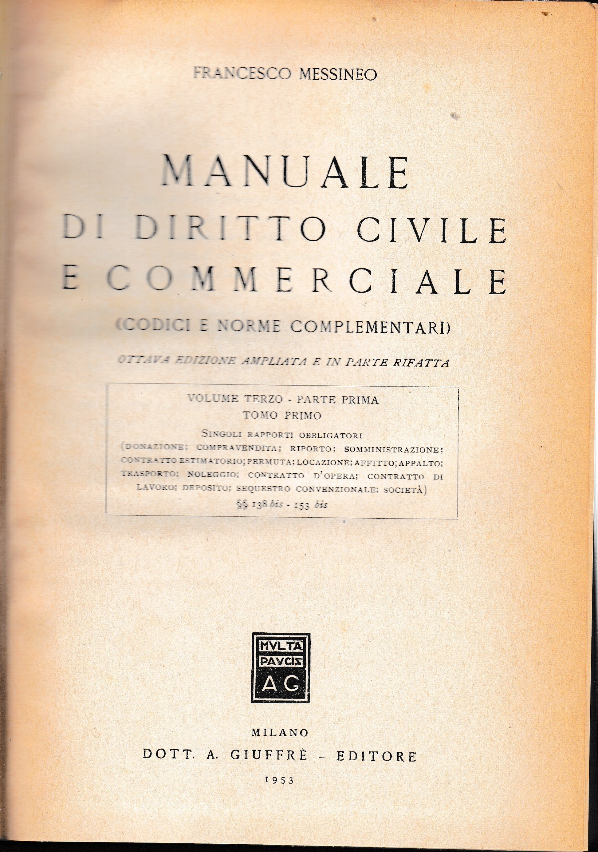 Manuale di diritto civile e commerciale, vol. 3° - parte prima - copertina