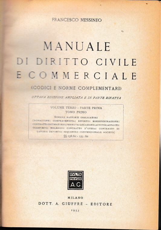Manuale di diritto civile e commerciale, vol. 3° - parte prima - copertina