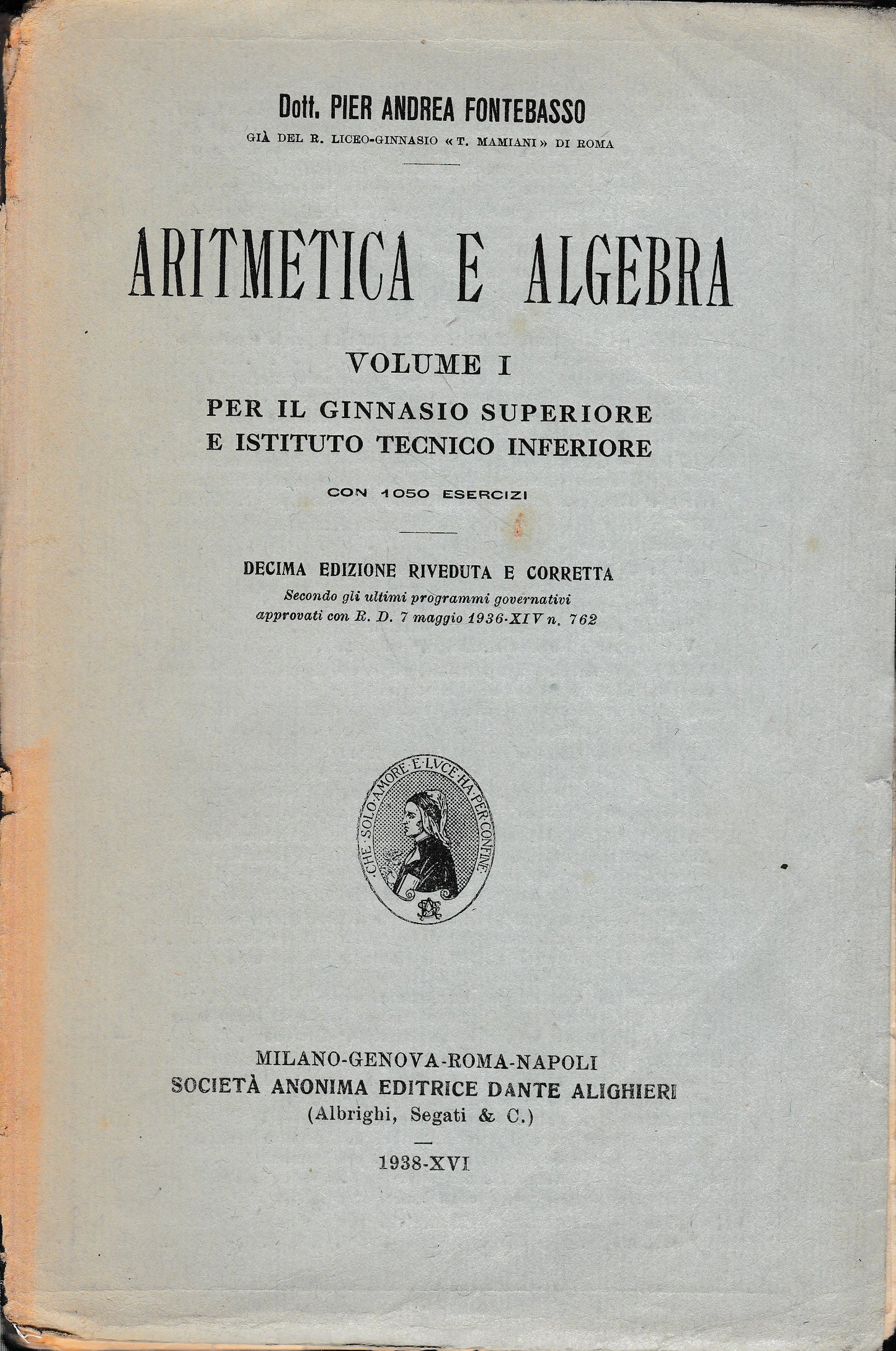 Aritmetica e Algebra, volume I° - copertina