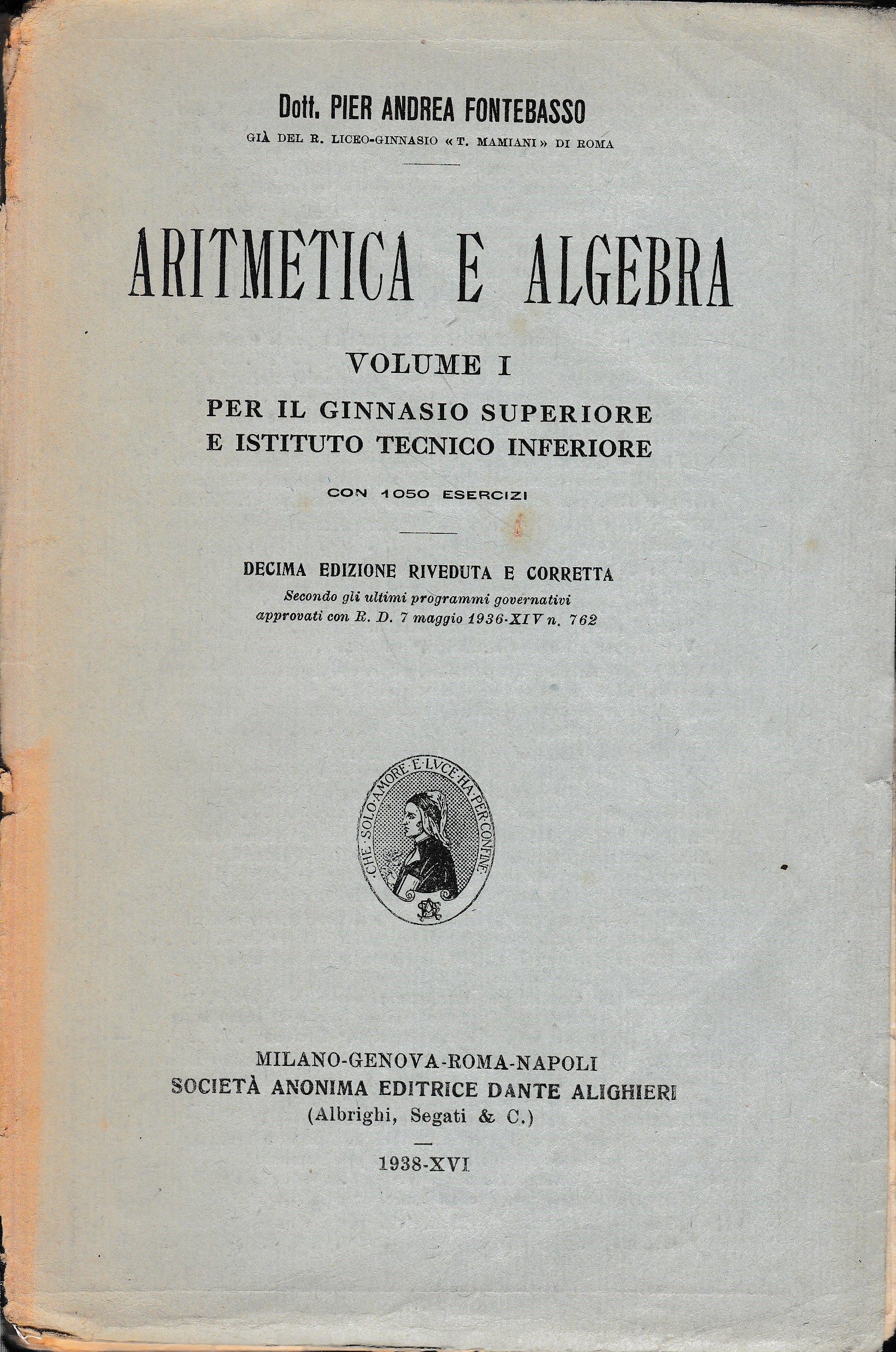 Aritmetica e Algebra, volume I° - copertina