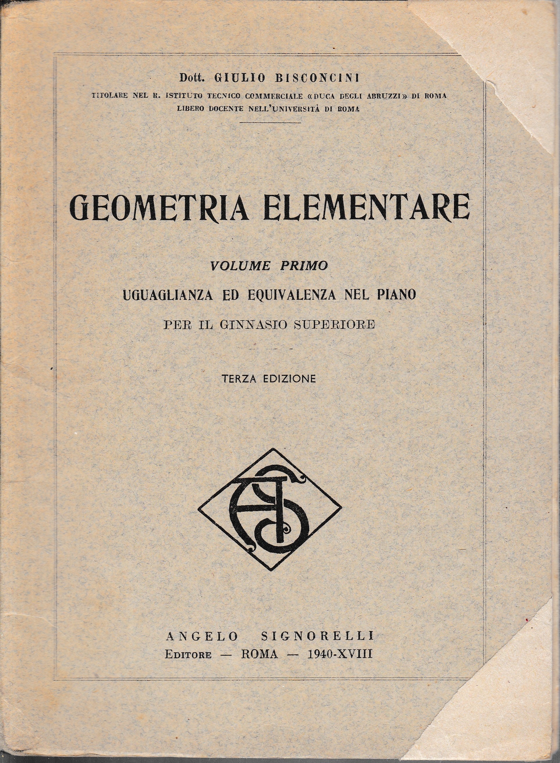 Geometria elementare, volume primo - copertina