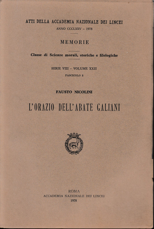 L'orazio dell'Abate Galiani. Memorie, serie VIII - Vol. XXII, fascicolo 2 - copertina