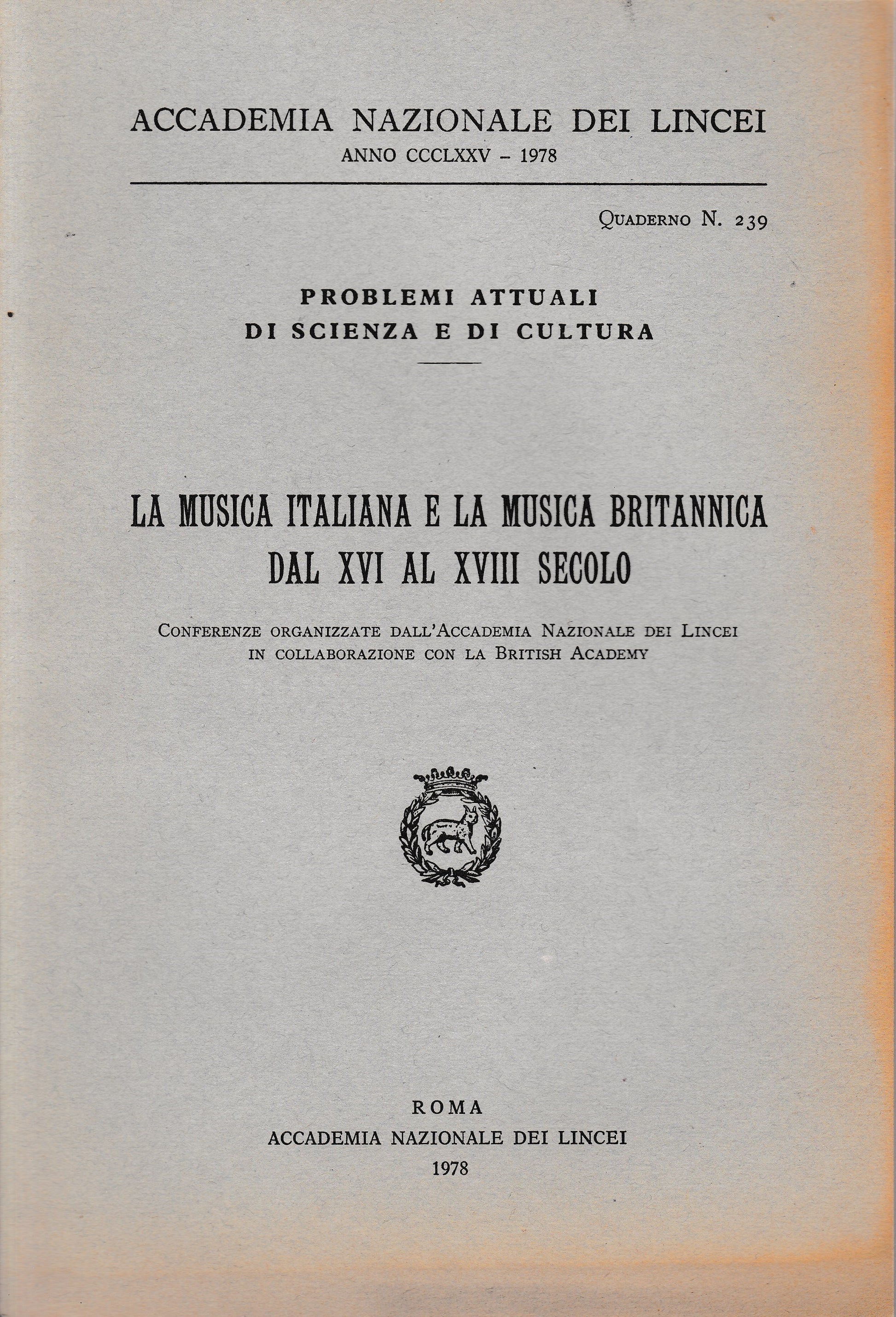 La musica italiana e la musica britannica dal XVI al XVIII secolo, anno CCCLXXV, quaderno n. 329 - copertina