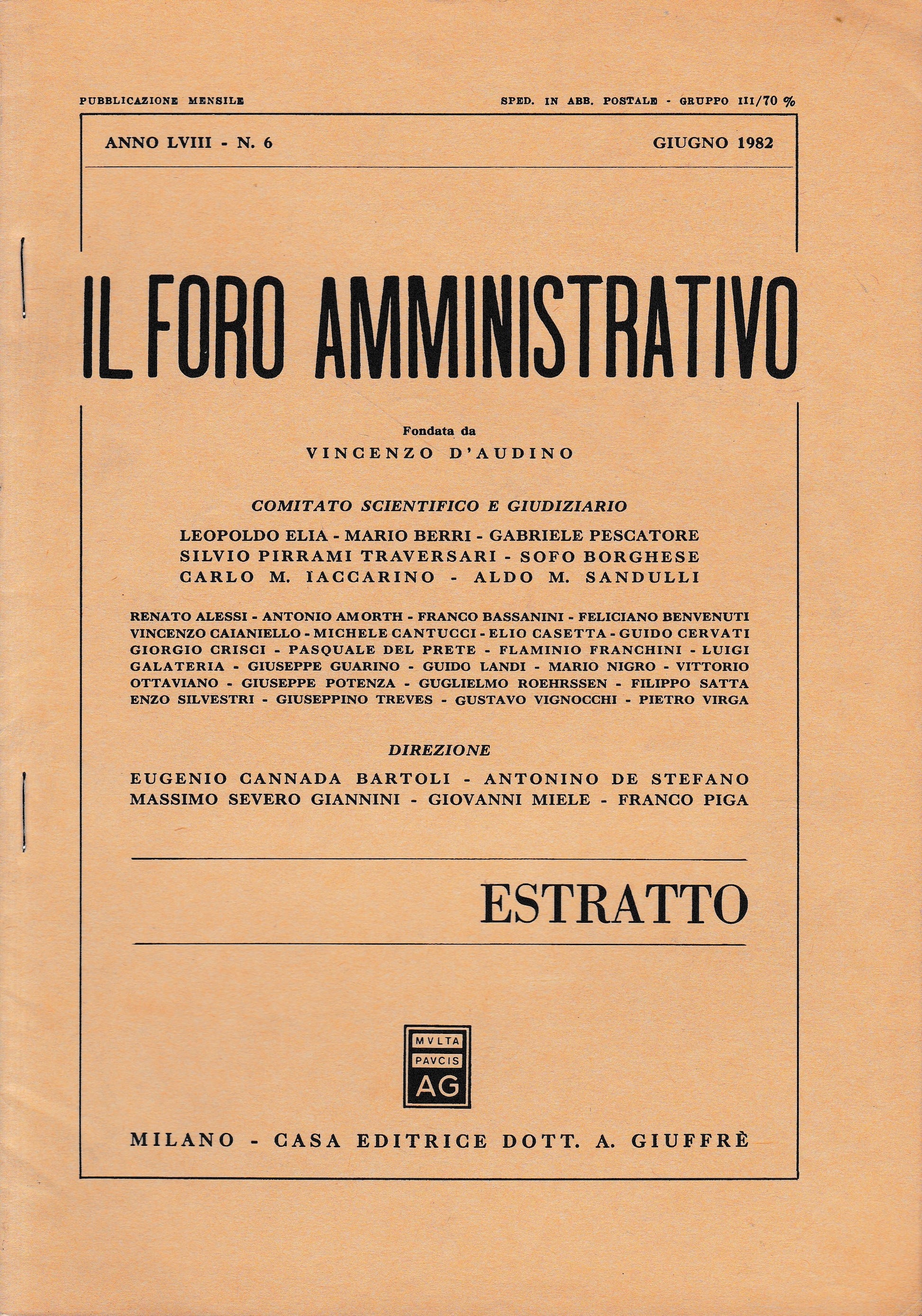 Il Foro amministrativo. Pubblicazione mensile, anno LVIII - n. 6 Giugno 1982 (estratto) - copertina