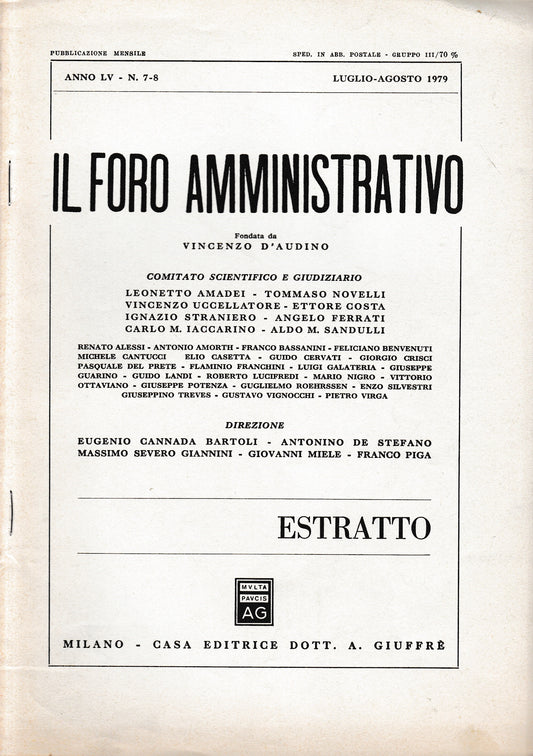 Il Foro amministrativo. Pubblicazione mensile, anno LV - n. 7-8, Luglio-Agosto 1979 (estratto) - copertina