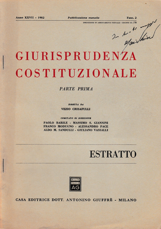 Giurisprudenza Costituzionale, parte prima. Pubblicazione mensile, anno XXVII - 1982, fasc. 2 (estratto) - copertina
