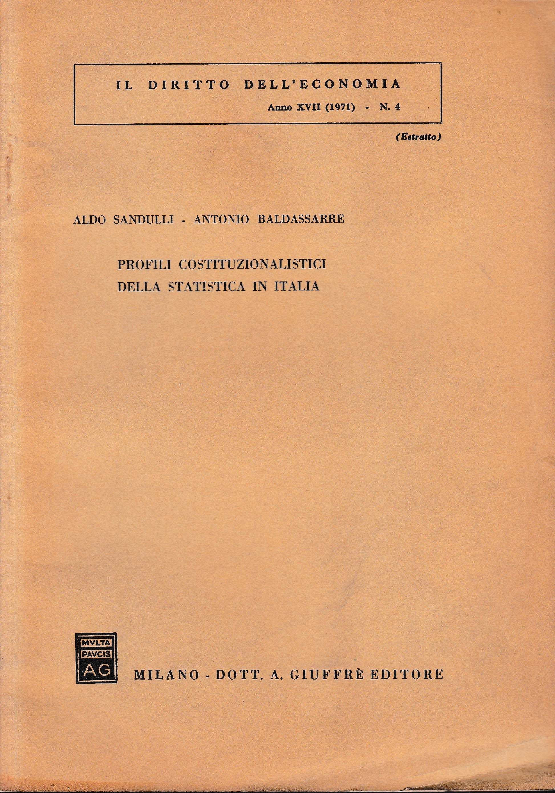 Il Diritto dell'Economia. Anno XVII (1971) - n. 4 (estratto) - copertina