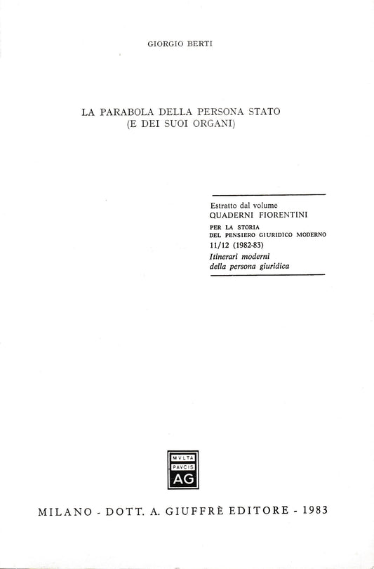 Estratto dal volume: Quaderni Fiorentini per la storia del pensiero Giuridico moderno 11/12 (1982-83) - copertina