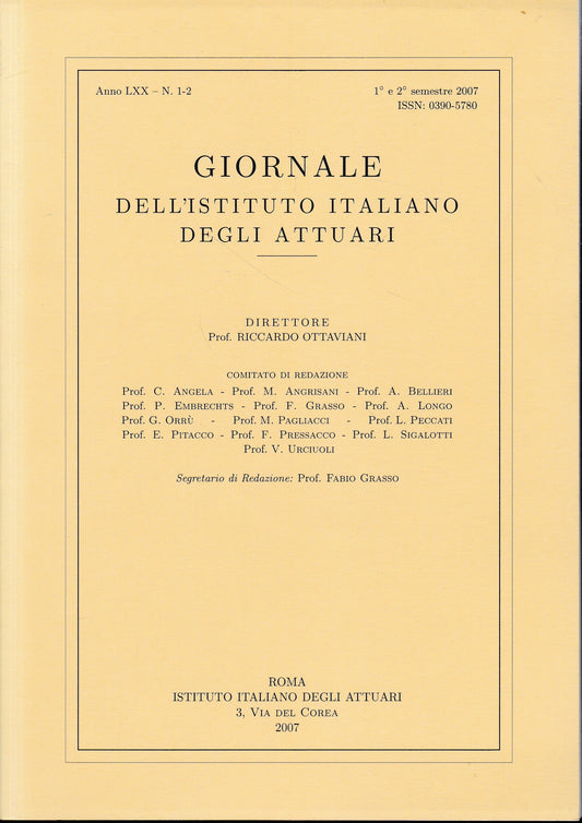 Giornale dell'Istituto Italiano degli Attuari. Anno LXX - n. 1-2, 1° e 2° semestre 2007 - copertina