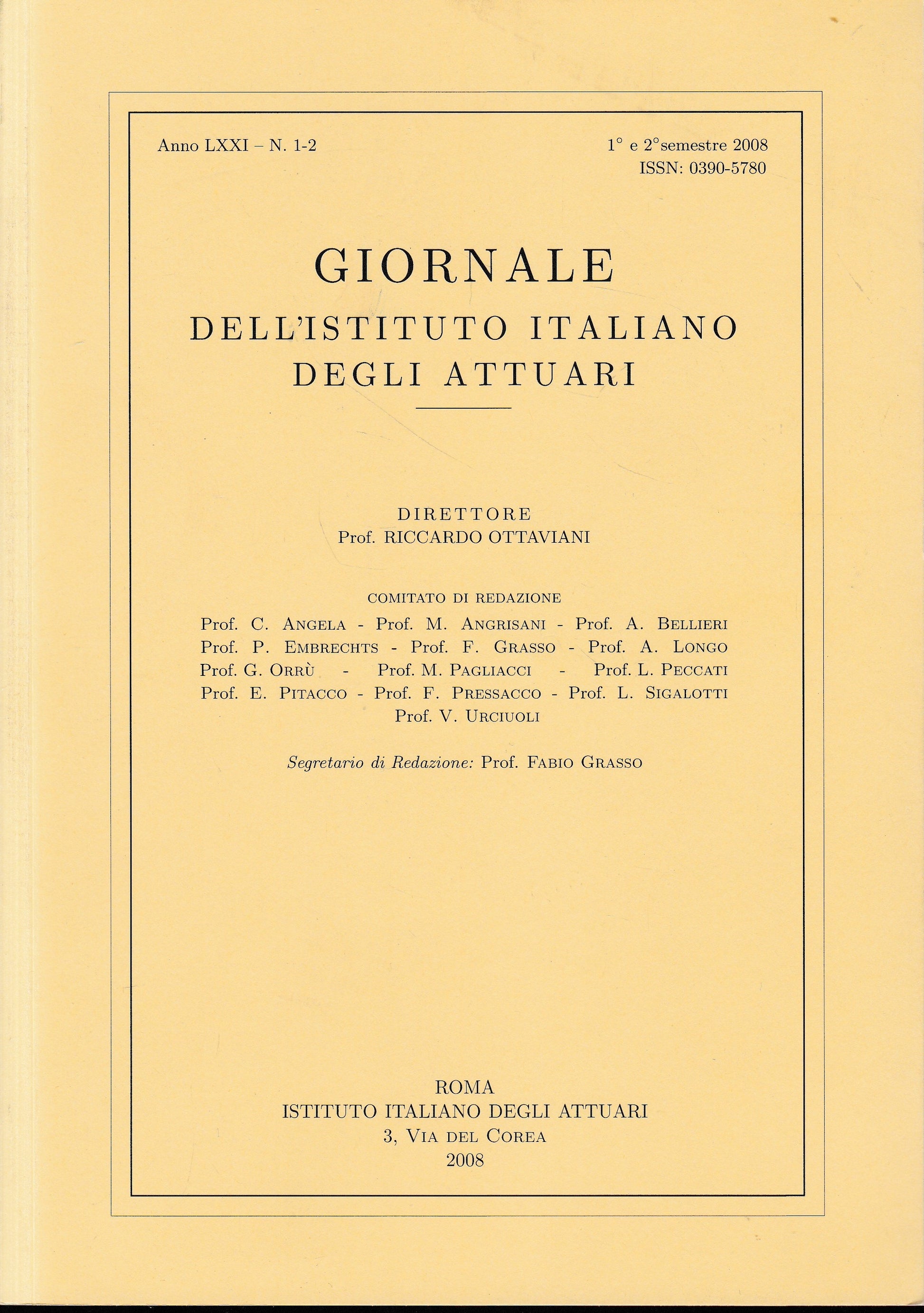 Giornale dell'Istituto Italiano degli Attuari. Anno LXXI - n. 1-2, 1°e 2° semestre 2008 - copertina