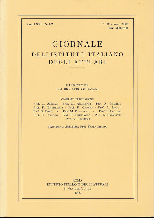 Giornale dell'Istituto Italiano degli Attuari. Anno LXXI - n. 1-2, 1°e 2° semestre 2008 - copertina