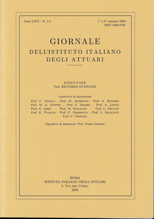Giornale dell'Istituto Italiano degli Attuari. Anno LXVI - n. 1-2, 1°e 2° semestre 2003 (bilingue Italiano, Inglese) - copertina
