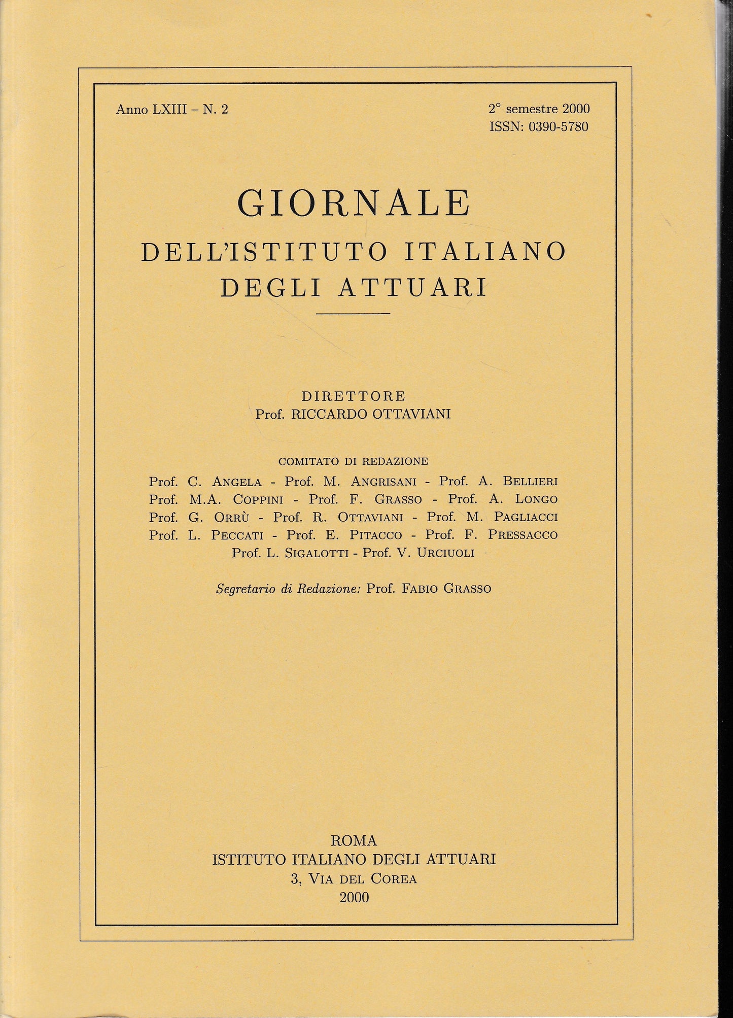 Giornale dell'Istituto Italiano degli Attuari. Anno LXIII - n. 2, 2° semestre 2000 - copertina