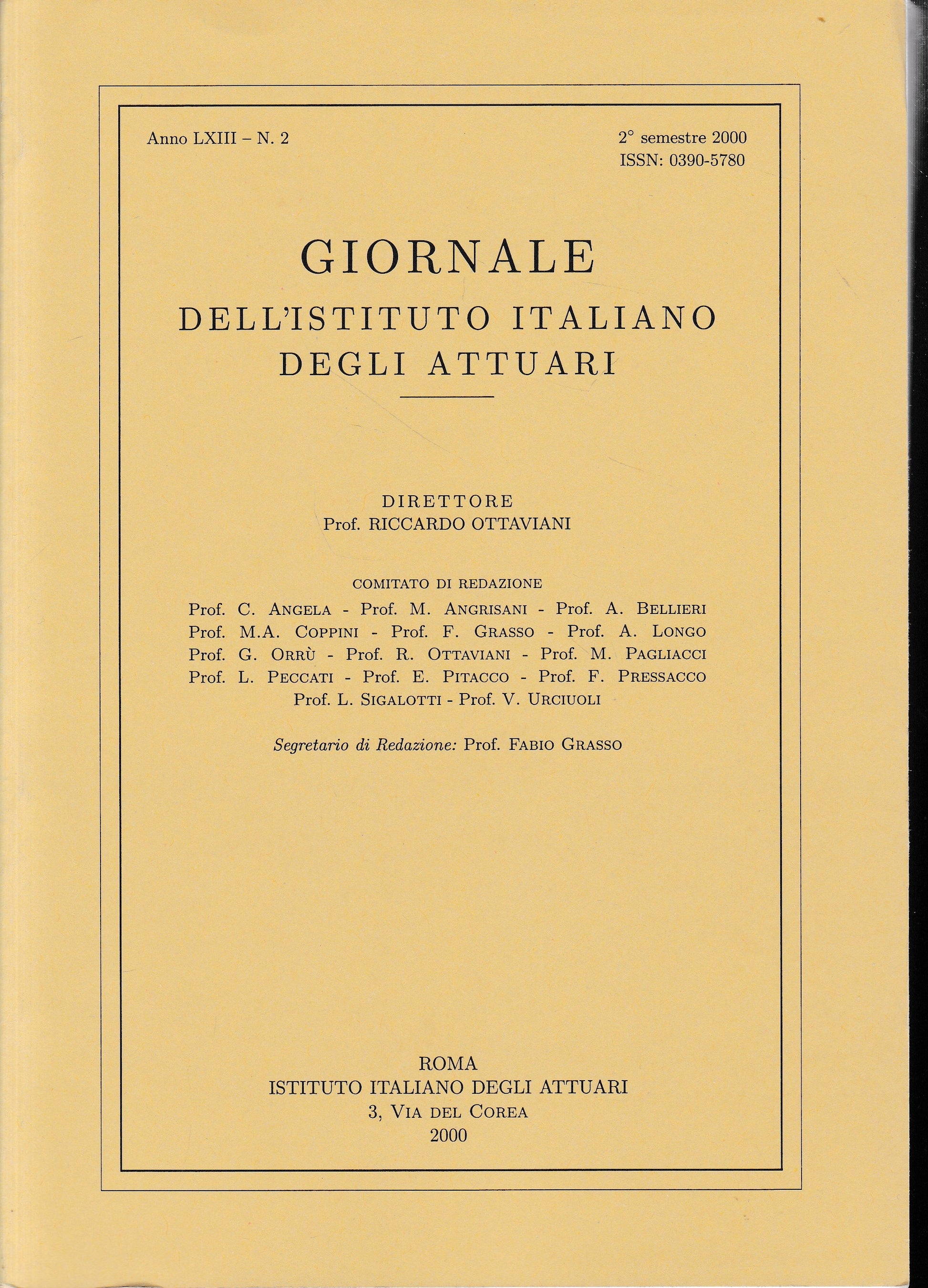Giornale dell'Istituto Italiano degli Attuari. Anno LXIII - n. 2, 2° semestre 2000 - copertina