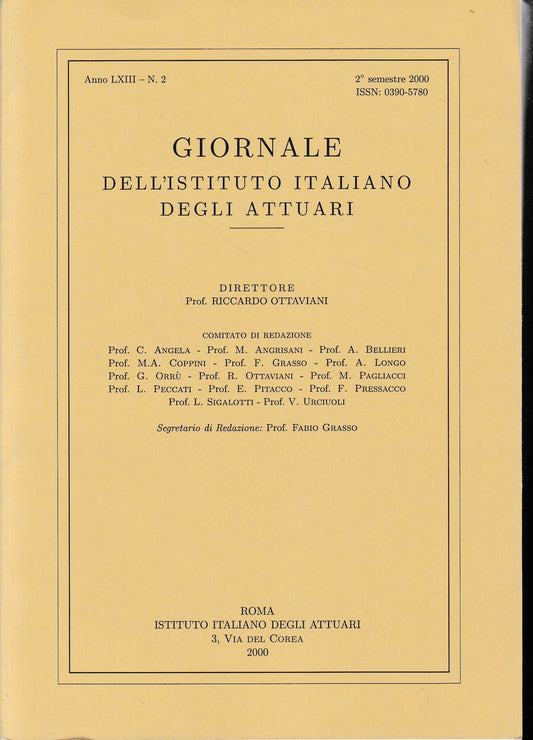 Giornale dell'Istituto Italiano degli Attuari. Anno LXIII - n. 2, 2° semestre 2000 - copertina