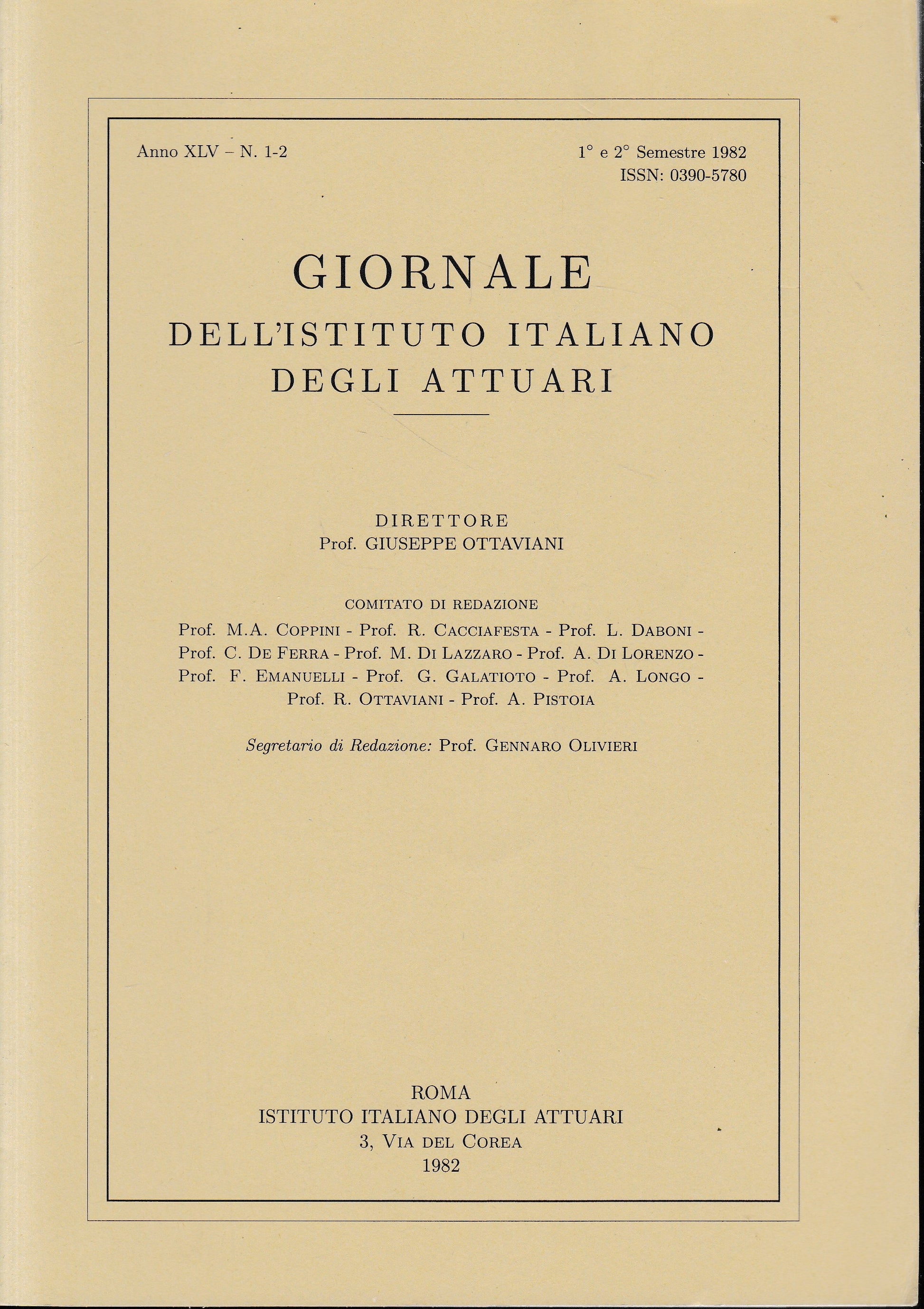 Giornale dell'Istituto Italiano degli Attuari. Anno XLV - n. 1-2, 1°e 2° semestre 1982 - copertina