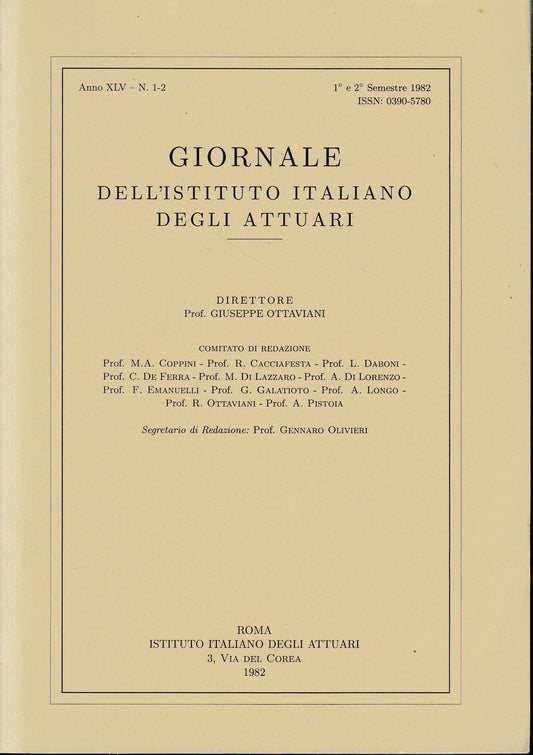 Giornale dell'Istituto Italiano degli Attuari. Anno XLV - n. 1-2, 1°e 2° semestre 1982 - copertina