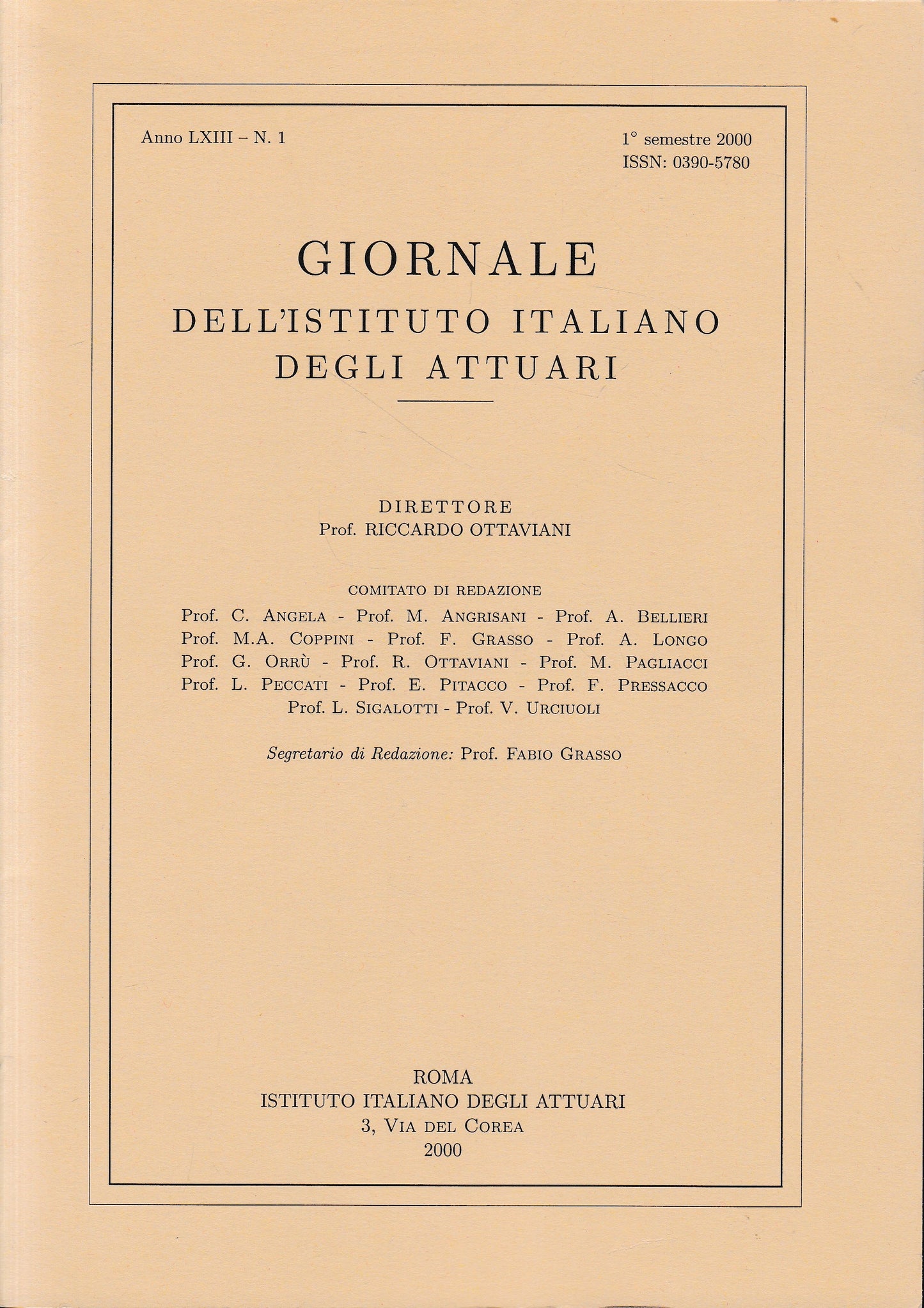 Giornale dell'Istituto Italiano degli Attuari. Anno LXIII - n.1, 1° semestre 2000 (bilingue Italiano, Inglese) - copertina