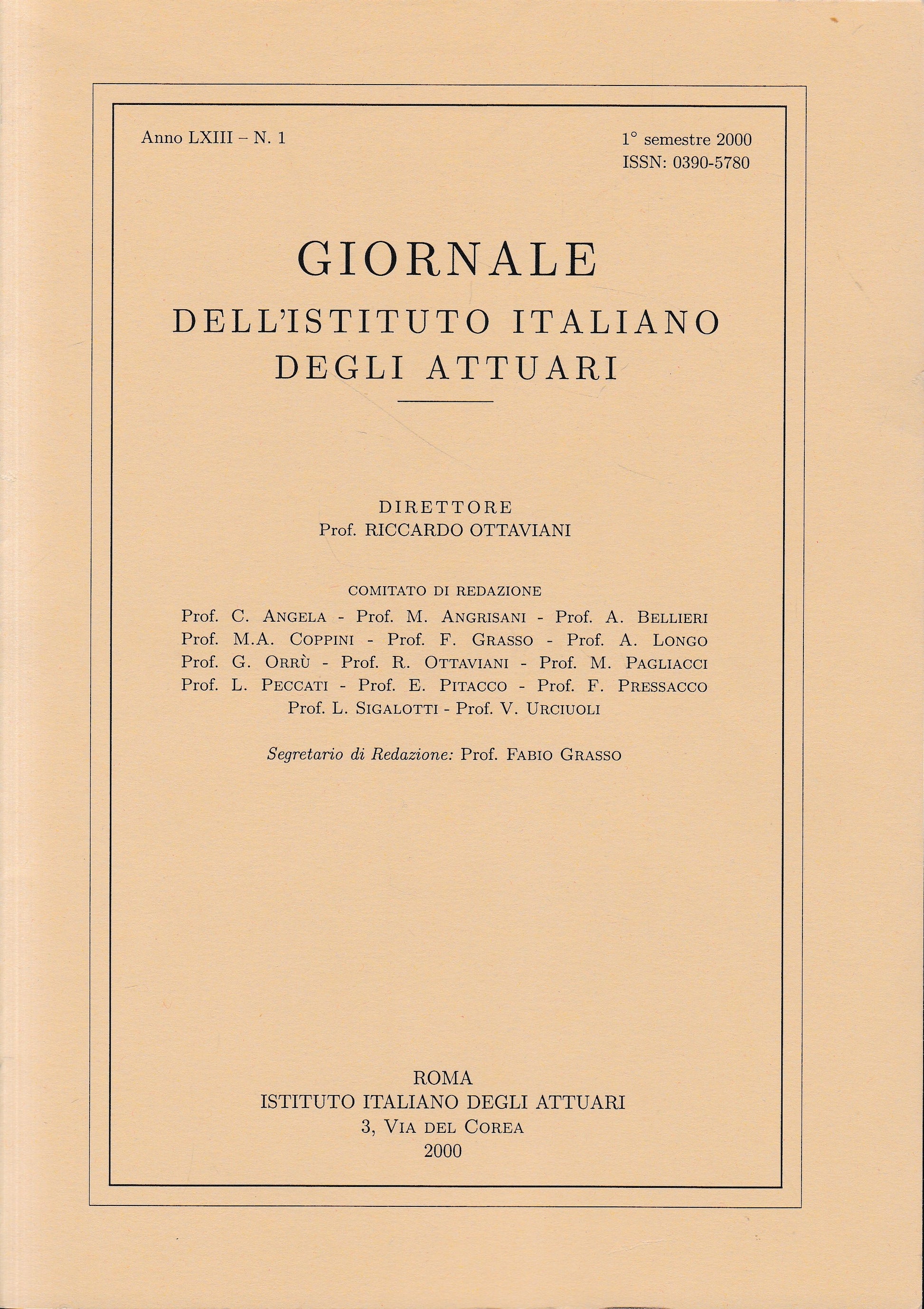 Giornale dell'Istituto Italiano degli Attuari. Anno LXIII - n.1, 1° semestre 2000 (bilingue Italiano, Inglese) - copertina