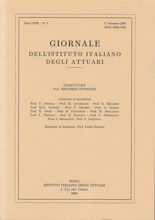 Giornale dell'Istituto Italiano degli Attuari. Anno LXIII - n.1, 1° semestre 2000 (bilingue Italiano, Inglese) - copertina