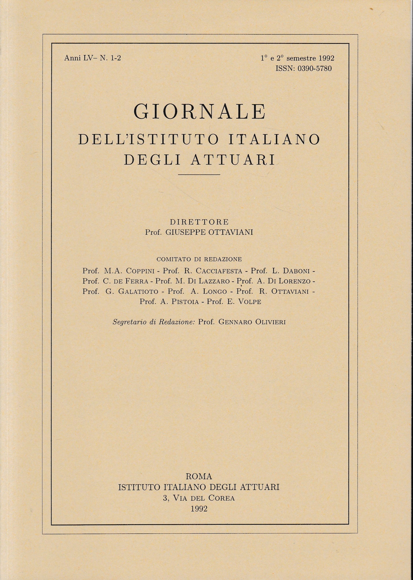 Giornale dell'Istituto Italiano degli Attuari. Anno LV - n. 1-2, 1°e 2° semestre 1992 - copertina