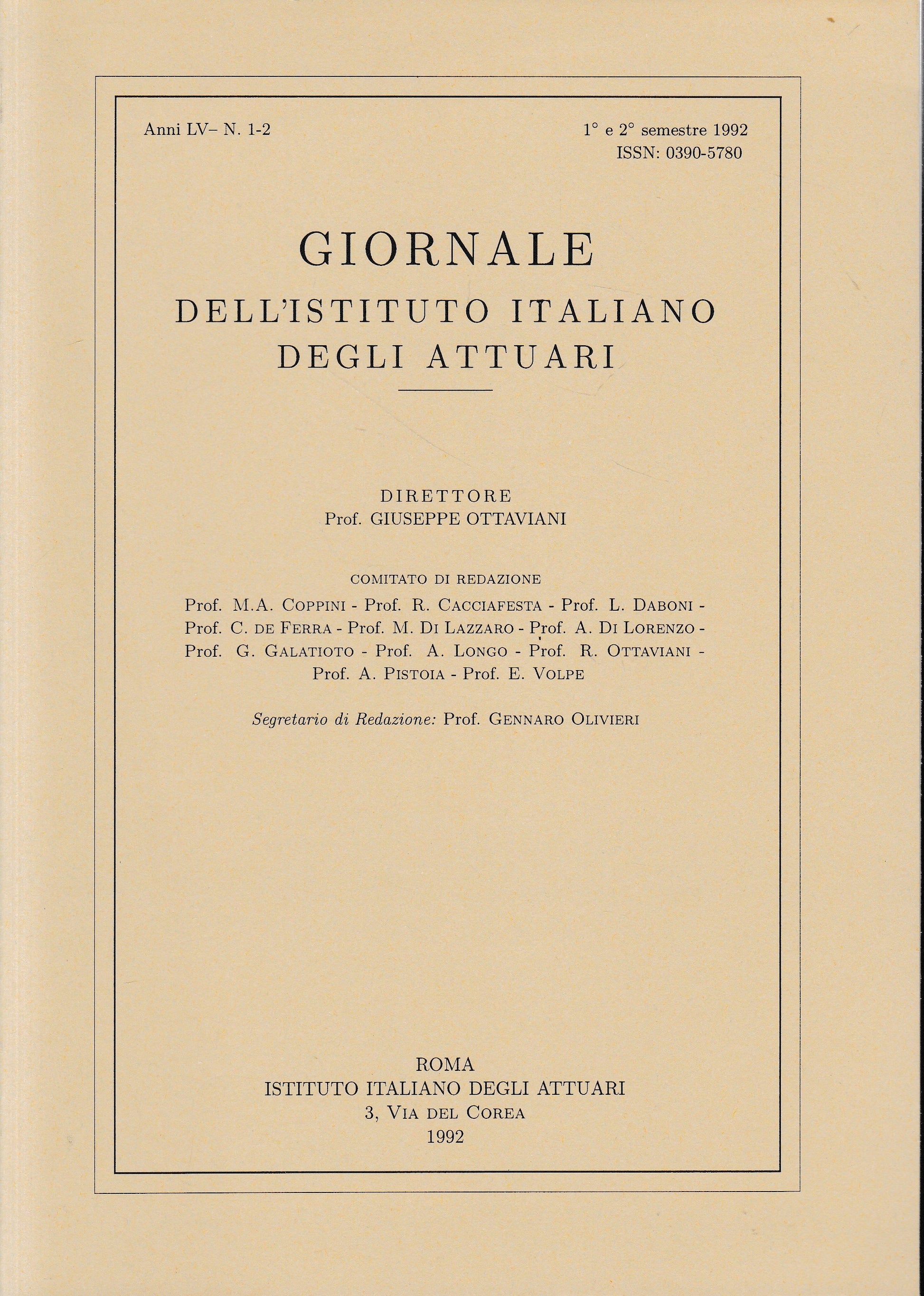 Giornale dell'Istituto Italiano degli Attuari. Anno LV - n. 1-2, 1°e 2° semestre 1992 - copertina