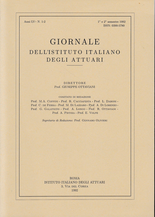Giornale dell'Istituto Italiano degli Attuari. Anno LV - n. 1-2, 1°e 2° semestre 1992 - copertina