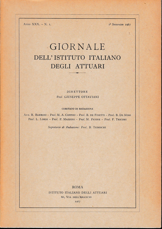 Giornale dell'Istituto Italiano degli Attuari. Anno XXX - n.1, 1° semestre 1967 - copertina