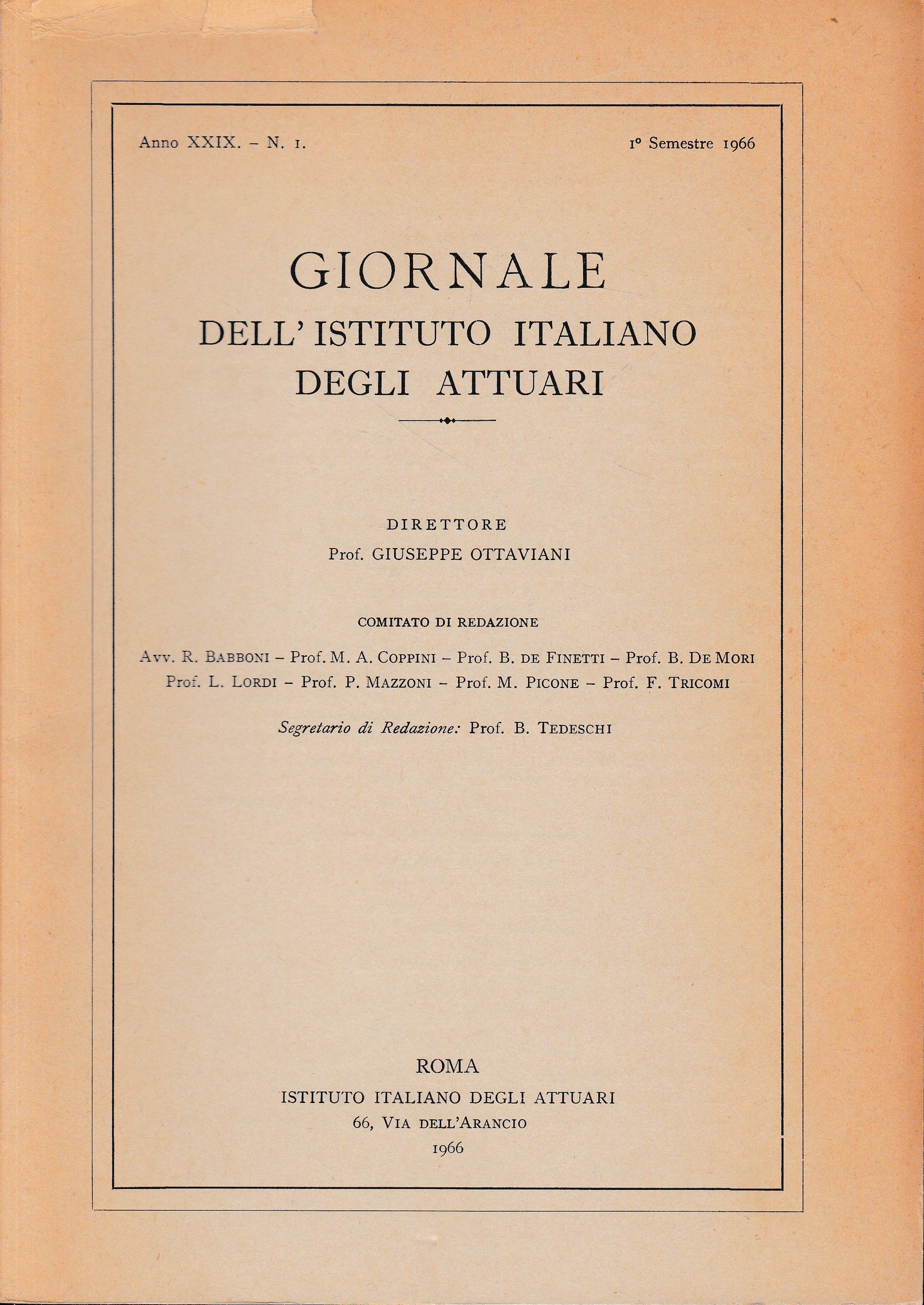 Giornale dell'Istituto Italiano degli Attuari. Anno XXIX - n. 1, 1° semestre 1966 - copertina