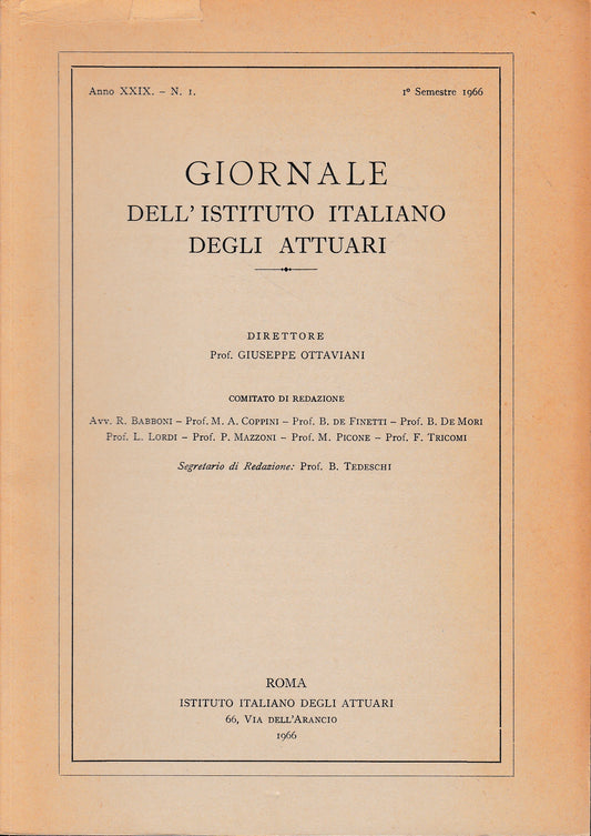 Giornale dell'Istituto Italiano degli Attuari. Anno XXIX - n. 1, 1° semestre 1966 - copertina