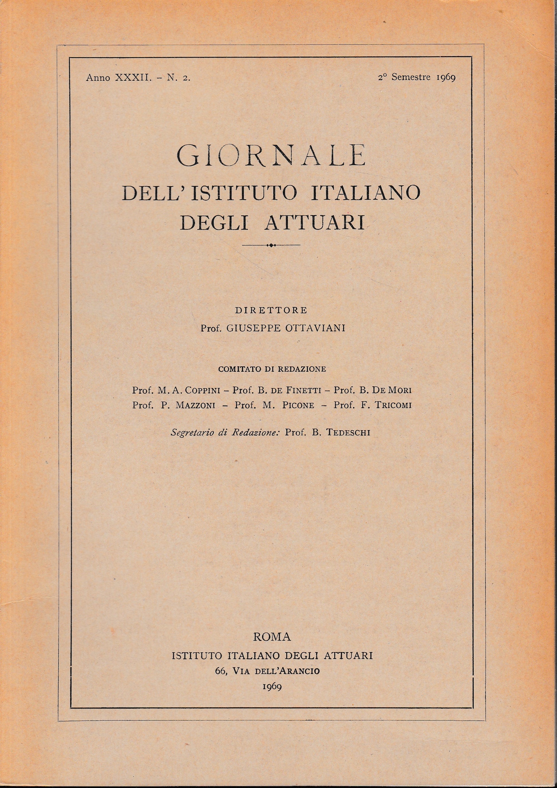 Giornale dell'Istituto Italiano degli Attuari. Anno XXXII - n. 2, 2° semestre 1969 - copertina