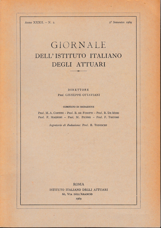 Giornale dell'Istituto Italiano degli Attuari. Anno XXXII - n. 2, 2° semestre 1969 - copertina